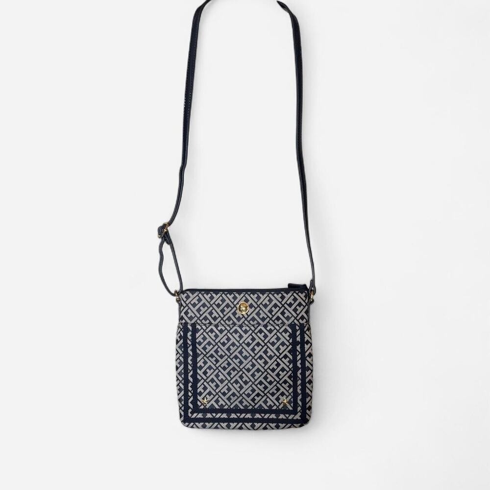 Tommy Hilfiger Womens Navy Blue Monogram Jacquard Crossbody Bag Purse TH Logo